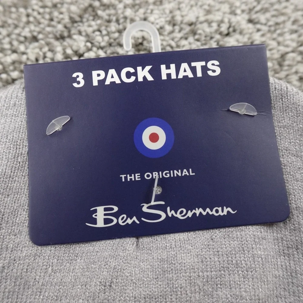 NEW Ben Sherman Hat Beanie Cap‎ Mens One Size Black Gray Green Knit 3 Pack Warm